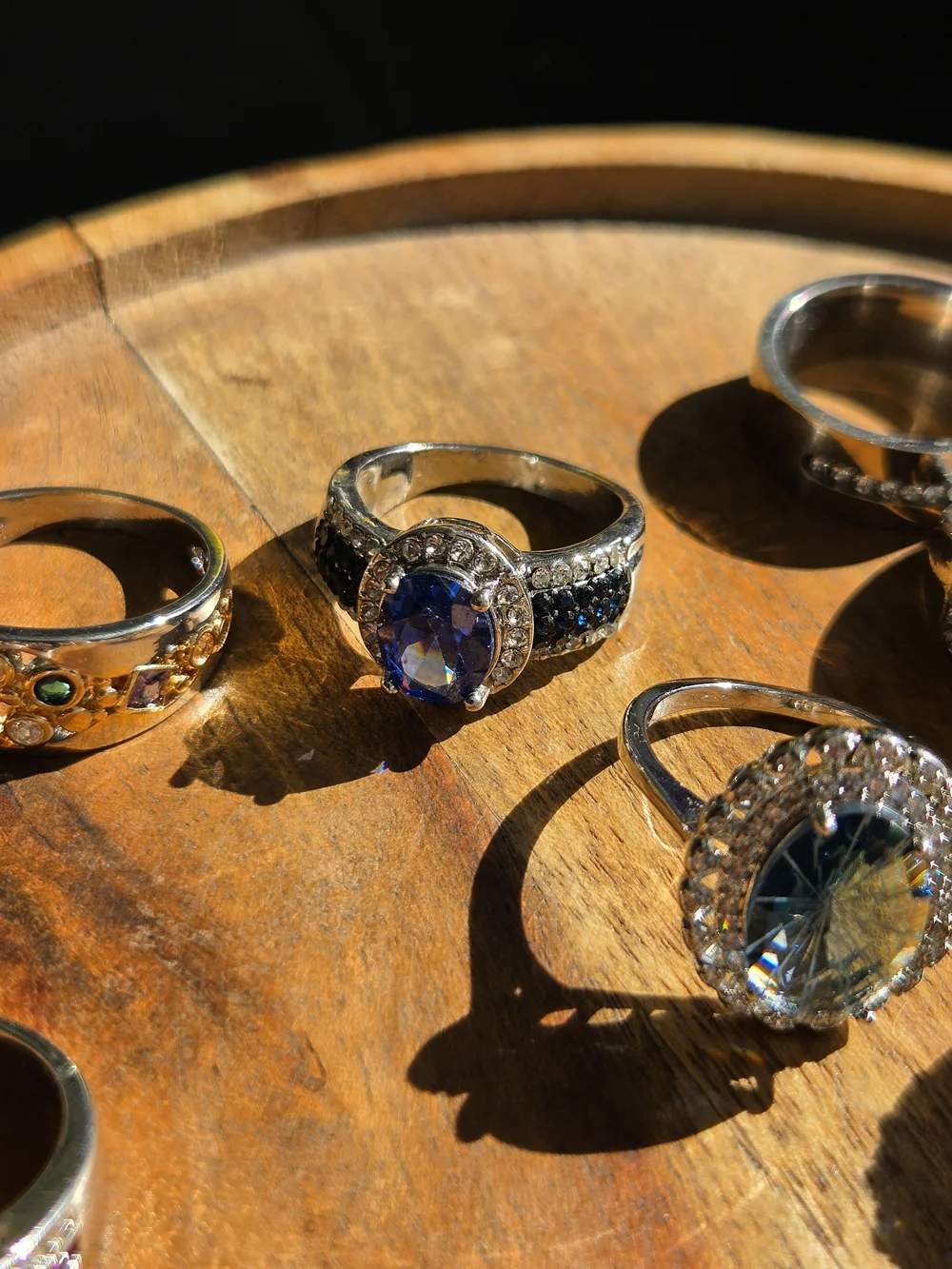 Silver Tone Multi-Stone  Ring - Sparkling Clear and Blue Accents